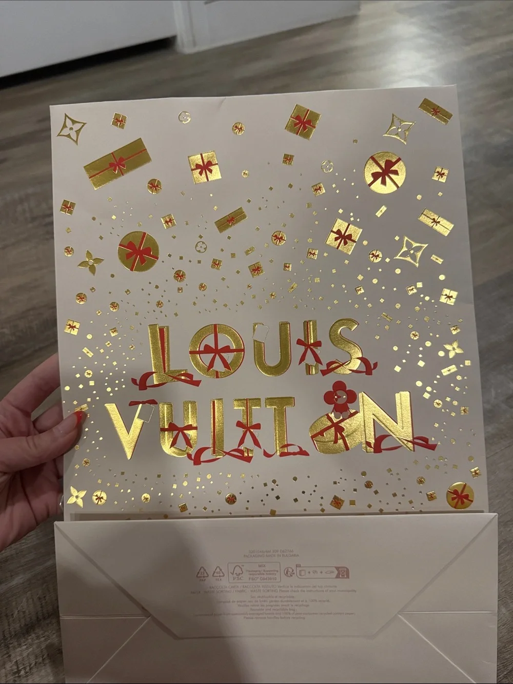 Louis Vuitton White Gift Bag with Gold Foil and Red Handles